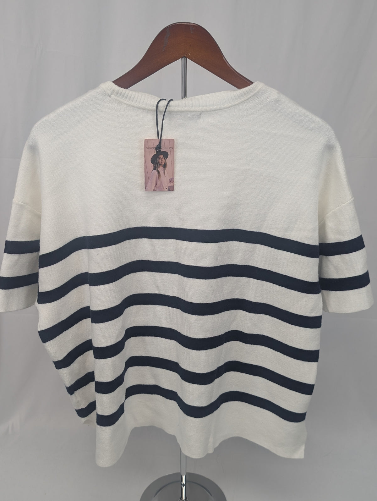 Sincerely Jules cropped short sleeve sweater, navy striped, Women's L