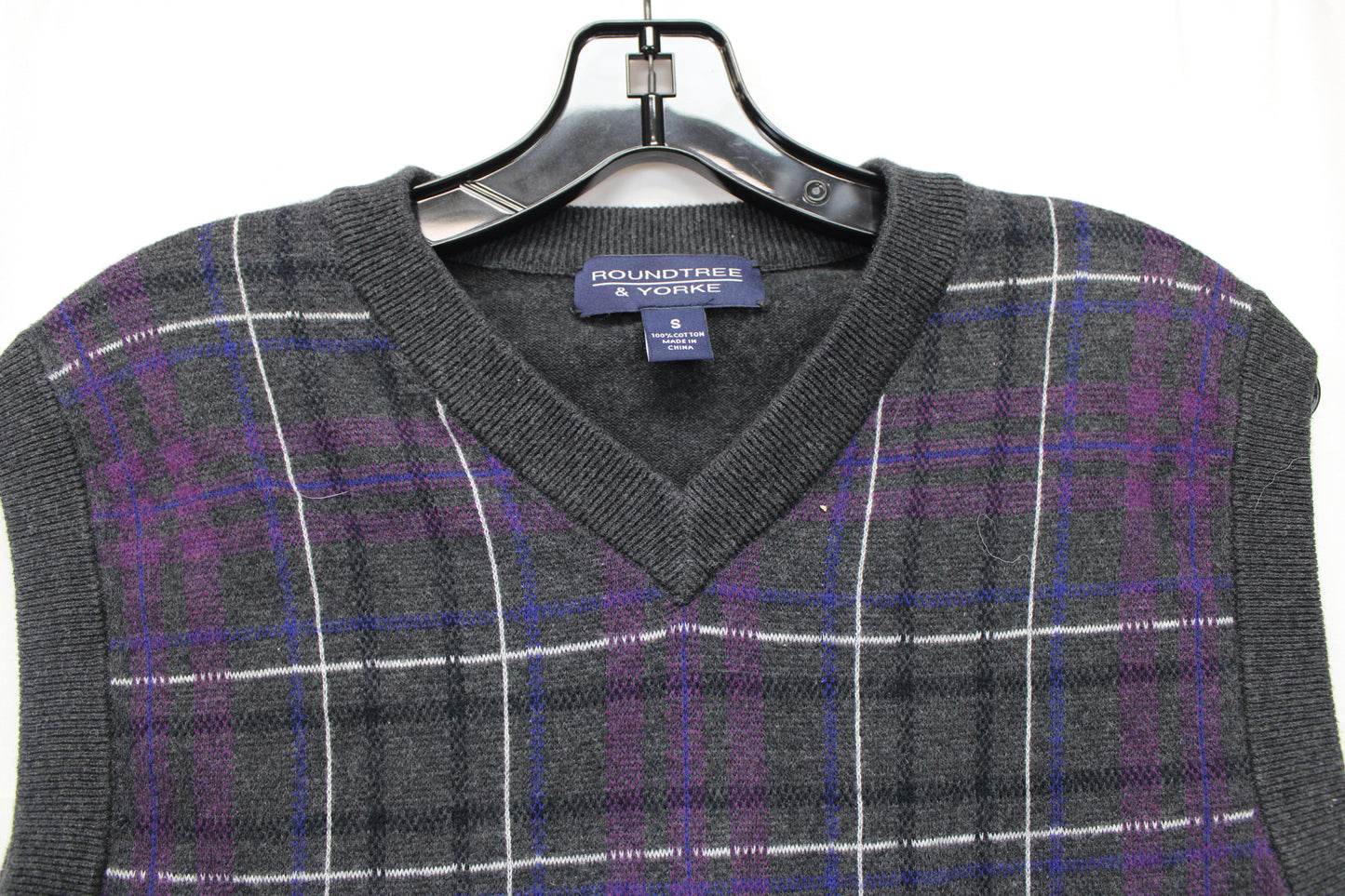 Round Tree & Yorke Plaid Sweater Vest, Purple/Gray, Men’s S