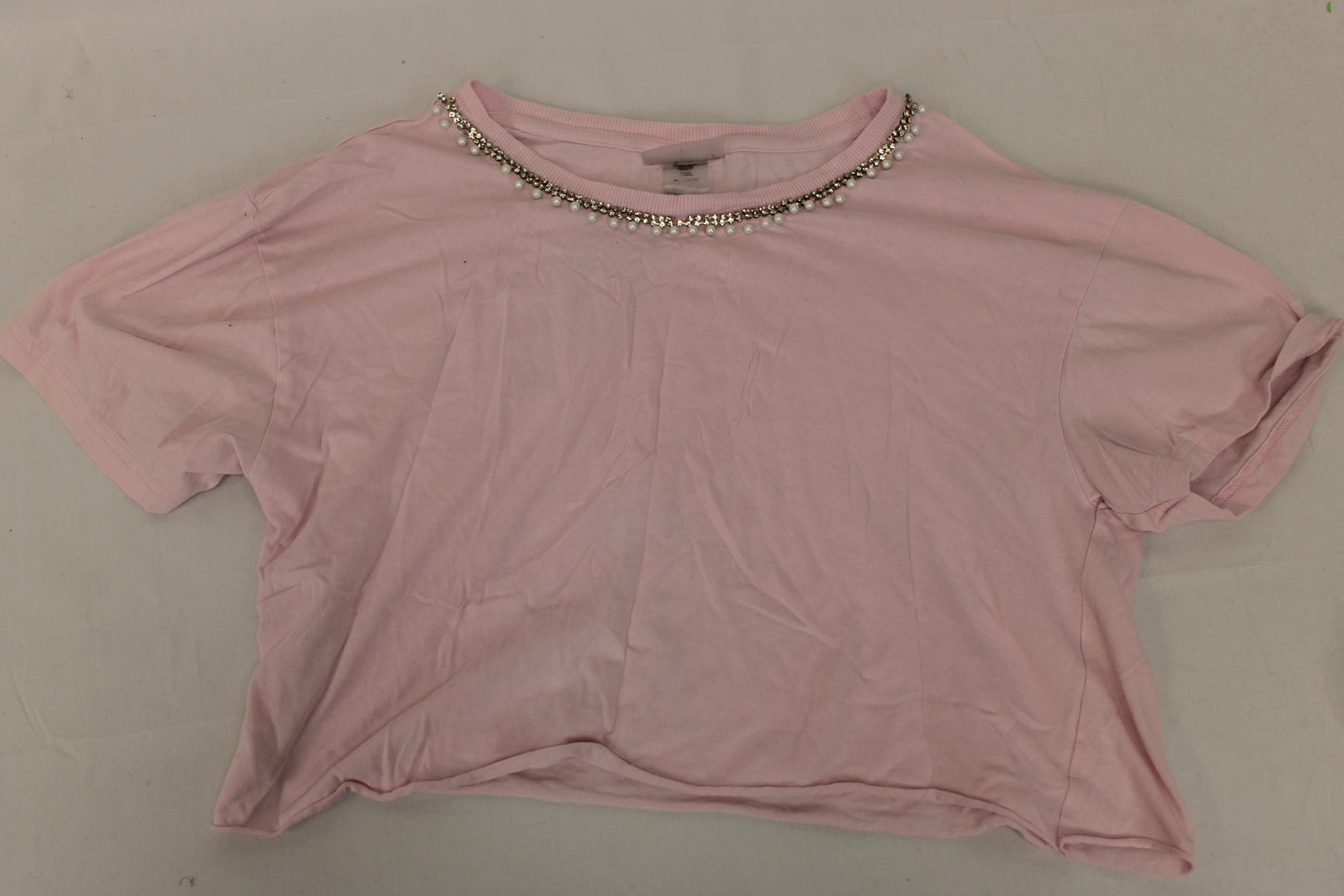 Girls Beaded Pearl Neckline Cropped Top, Pink, Girls L