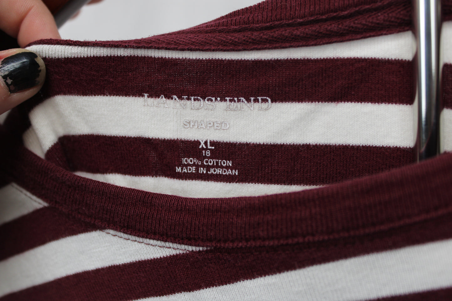 Land’s End Shaped Long Sleeve Striped Shirt, Maroon/White, Women’s XL