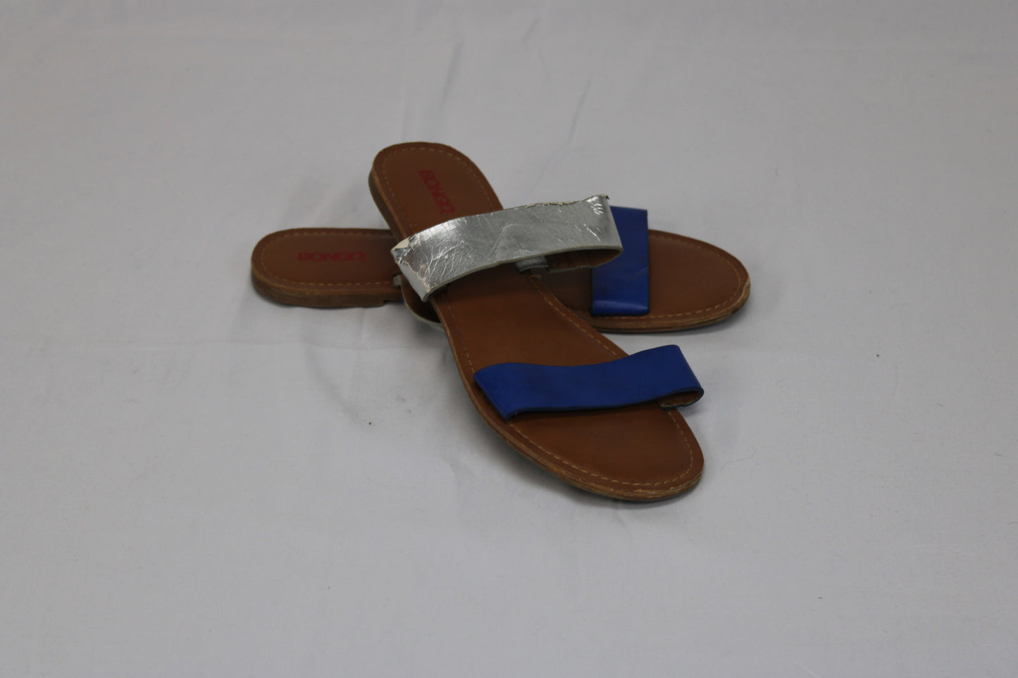 Bongo leather slide, metallic/navy. Women's 10