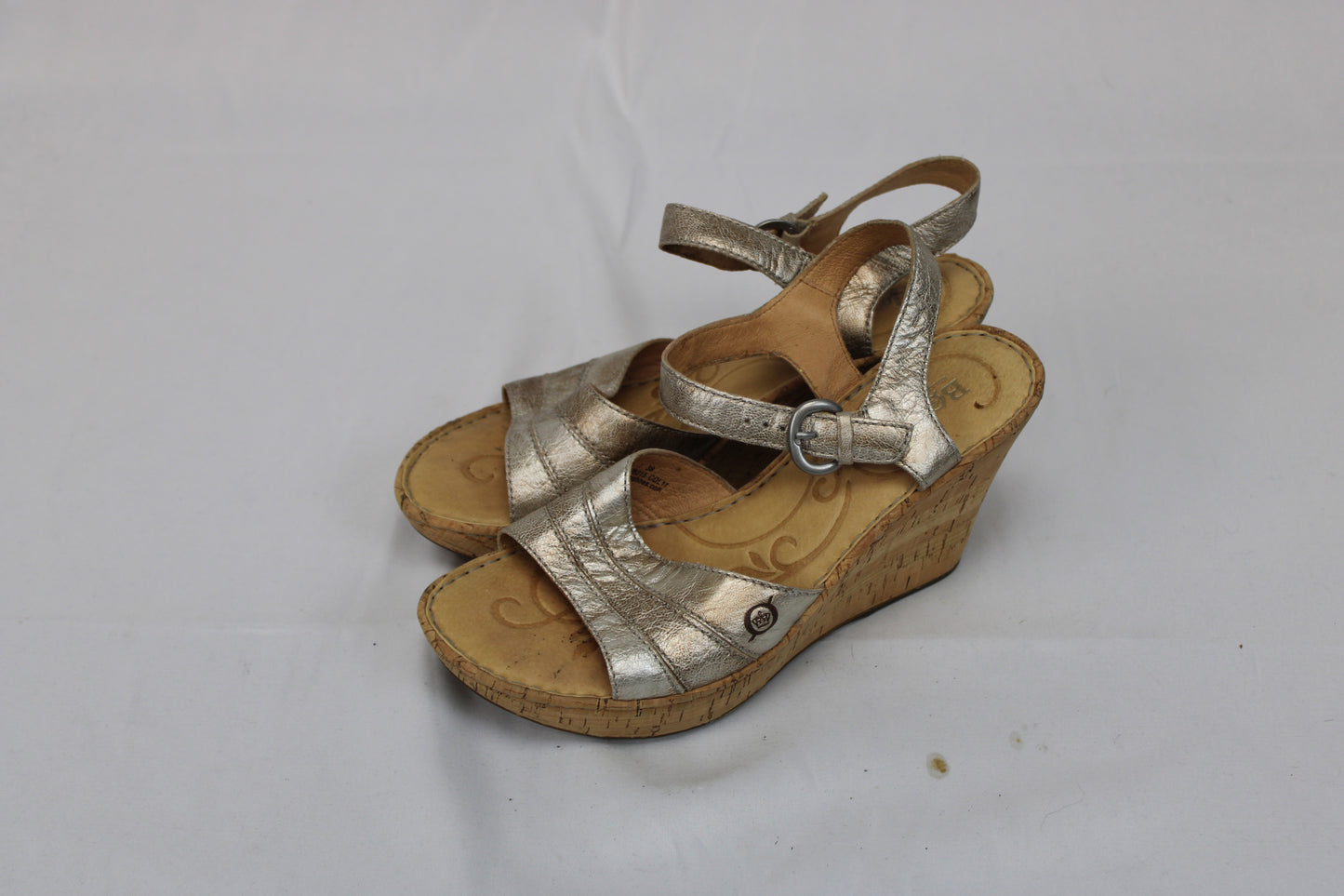 Born cork wedge heel platform sandal, metallic taupe, Women's 8