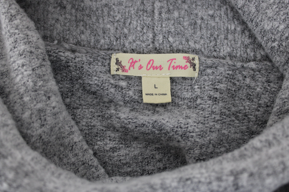 It's Our Time cowl collar drawstring sweater, grey, Women's L