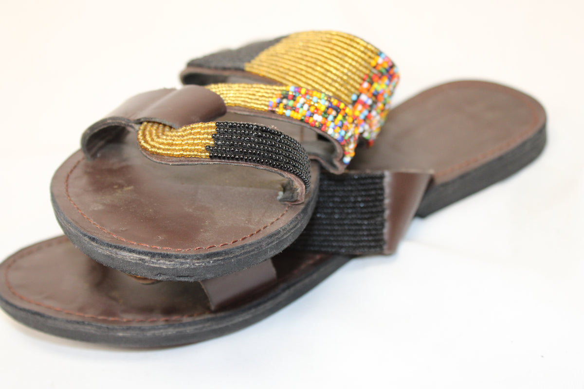 Handcrafted brown leather sandal with beaded strap and leather footbed, Women's 42 (10)