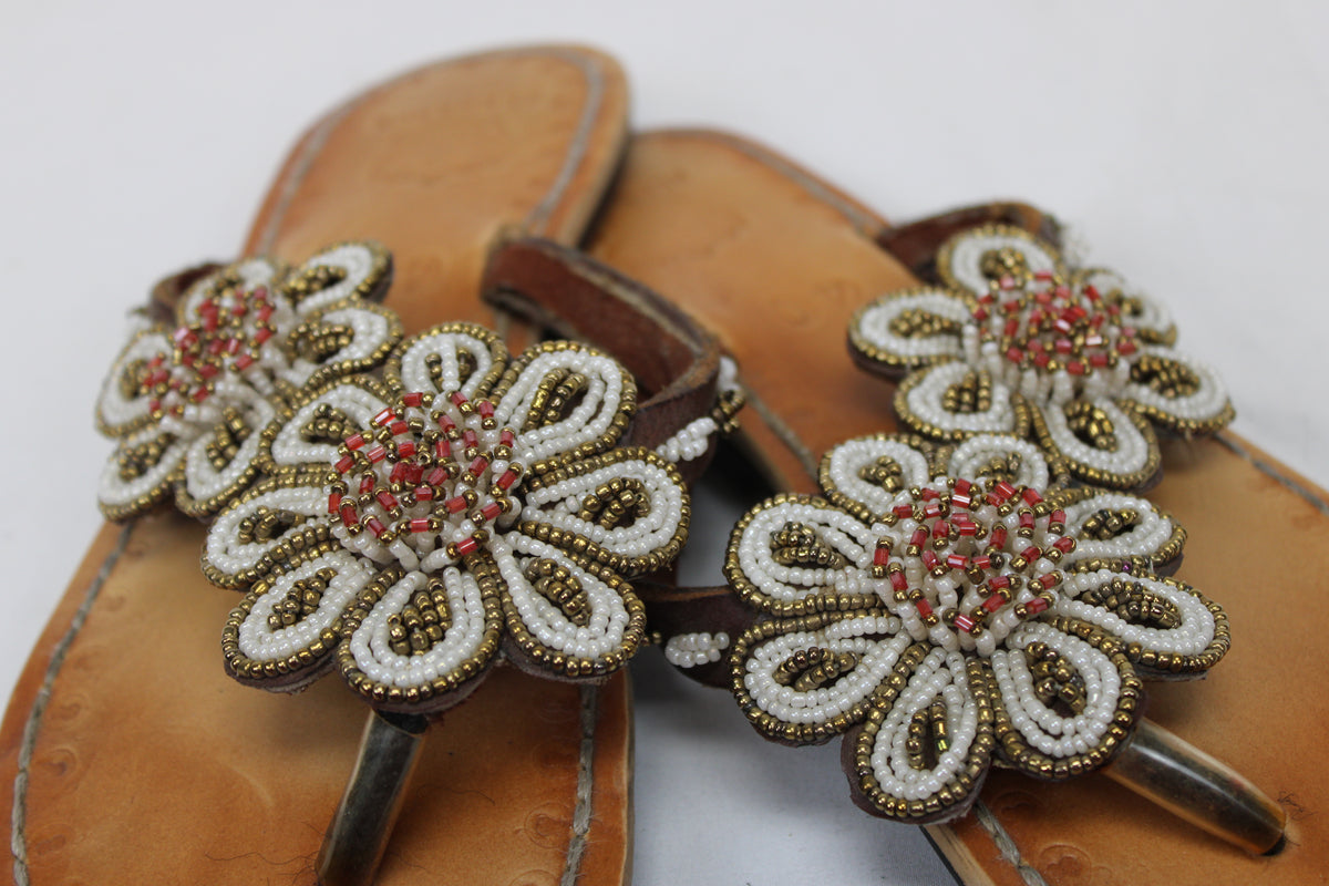 Elegance full grain leather sandal with floral beaded strap, leather footbed, Women's 40 (8)