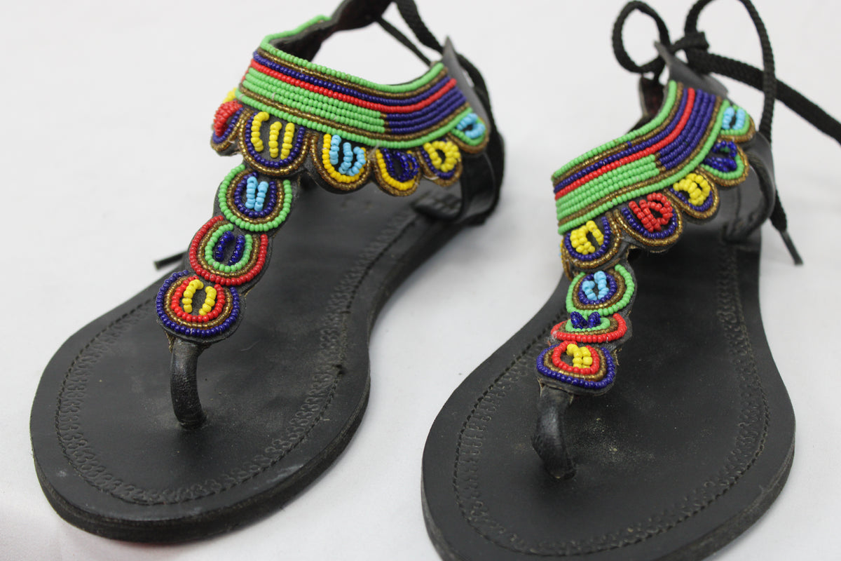 Handcrafted leather sandal with beaded strap, leather footbed, Women's 41 (9)