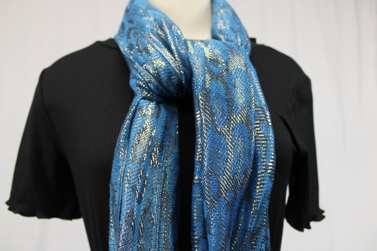 Blue, Black, and Silver Leopard Print Scarf