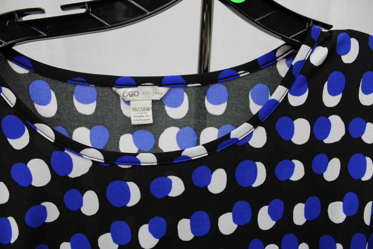 Cato Cold Shoulder Black Shirt with Blue and White Dots, Size 18W/20W