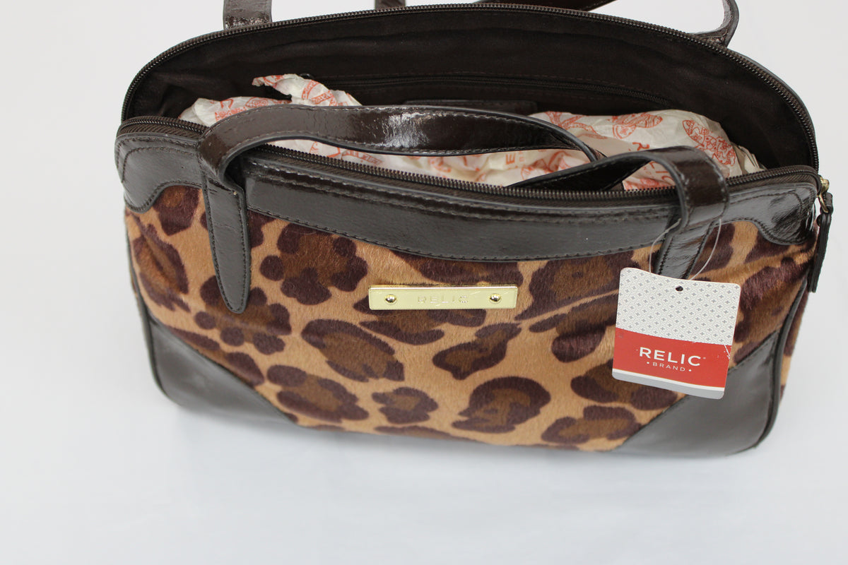 Relic satchel purse with faux fur body, synthetic leather, NWT