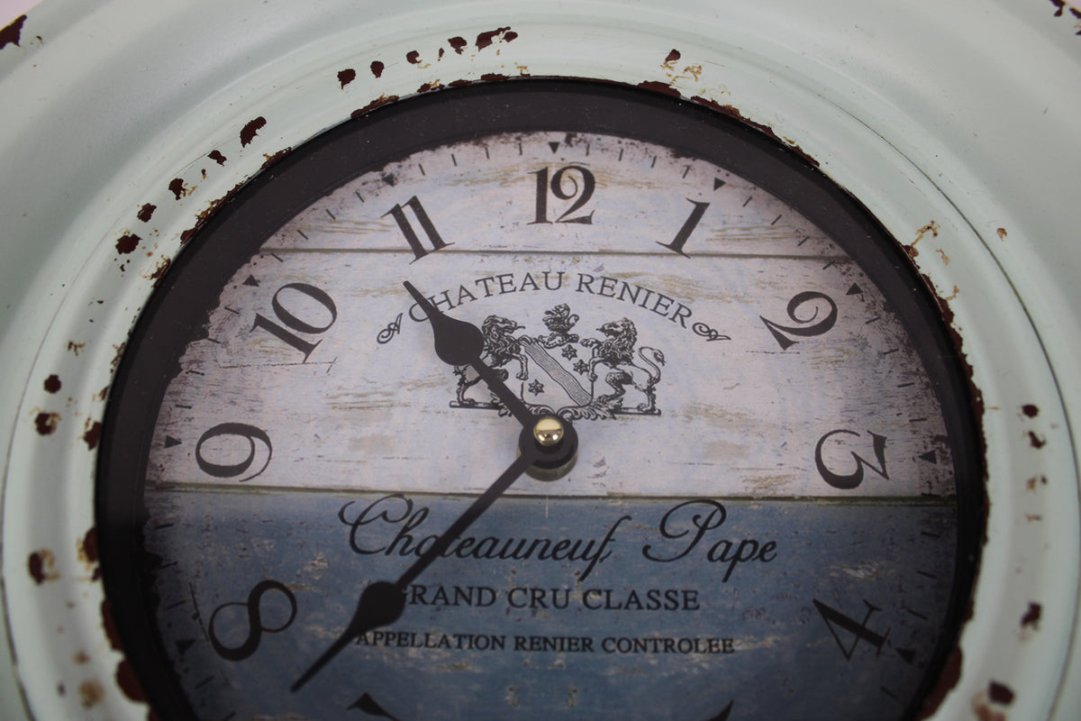 Antiqued 10'' metallic clock with old world French theme