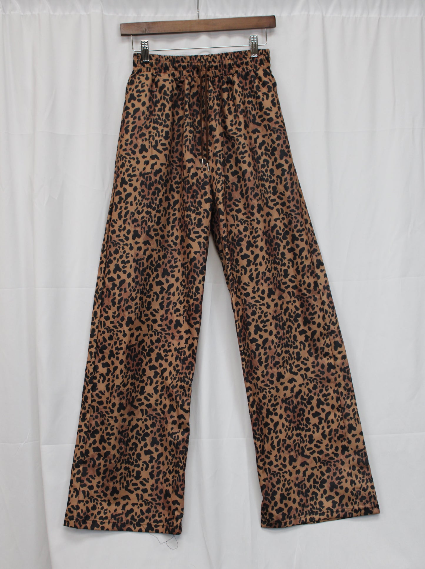 Women’s Leopard Print Wide Leg Drawstring Pants, Brown, Women’s XL