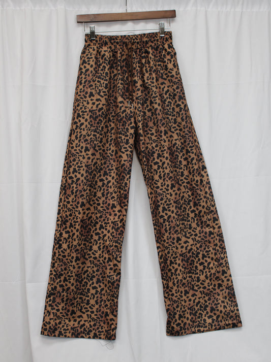 Women’s Leopard Print Wide Leg Drawstring Pants, Brown, Women’s XL