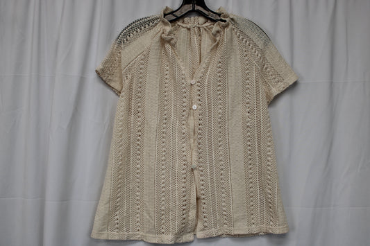 Women’s Woven Button Up Short Sleeve Blouse, Beige, L