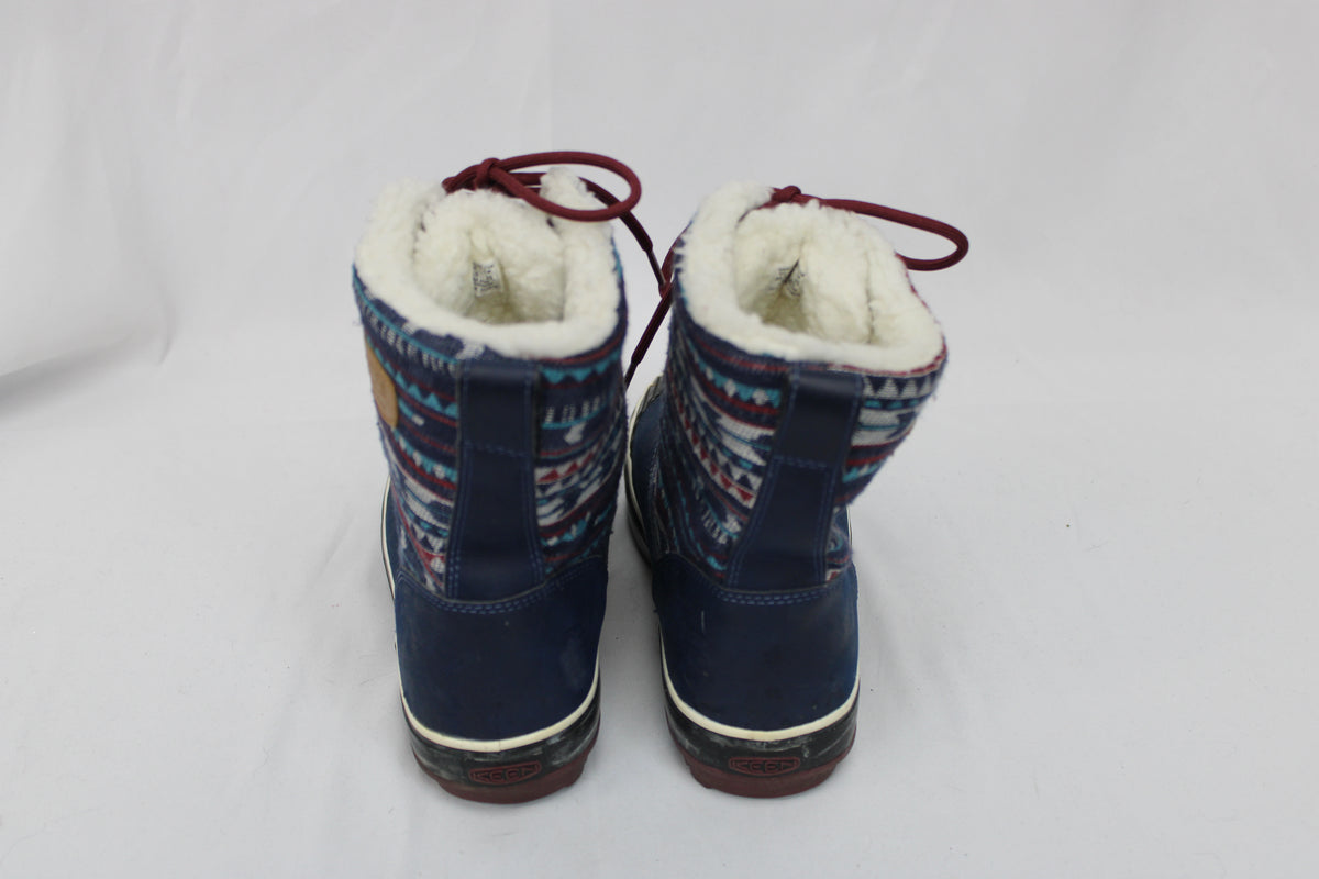KEEN Fur Lined Tribal Print Winter Boots, Blue, Women’s 8
