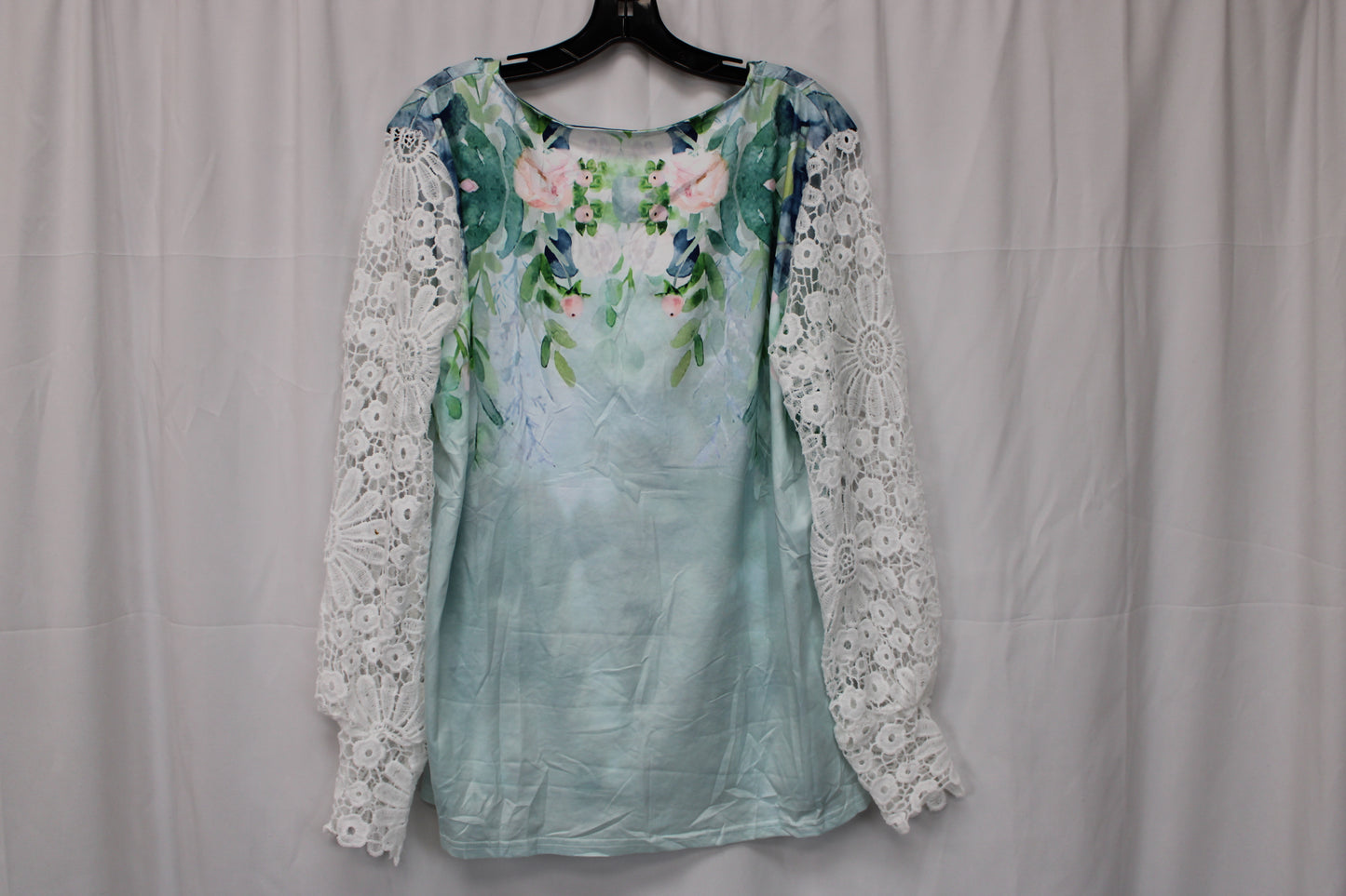 Women’s Lace Long Sleeve Floral Shirt, Blue/White, Women’s XXXXL