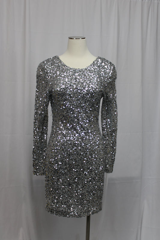 B. Darlin Open Back Long Sleeve Sequin Mini Dress, Silver, Women’s 13/14
