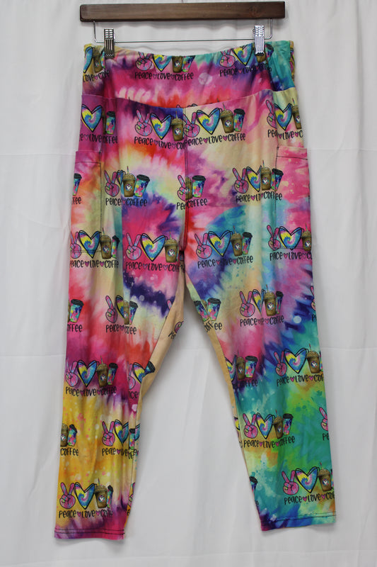 Women’s Tie Dye Peace Love and Coffee Capris, L