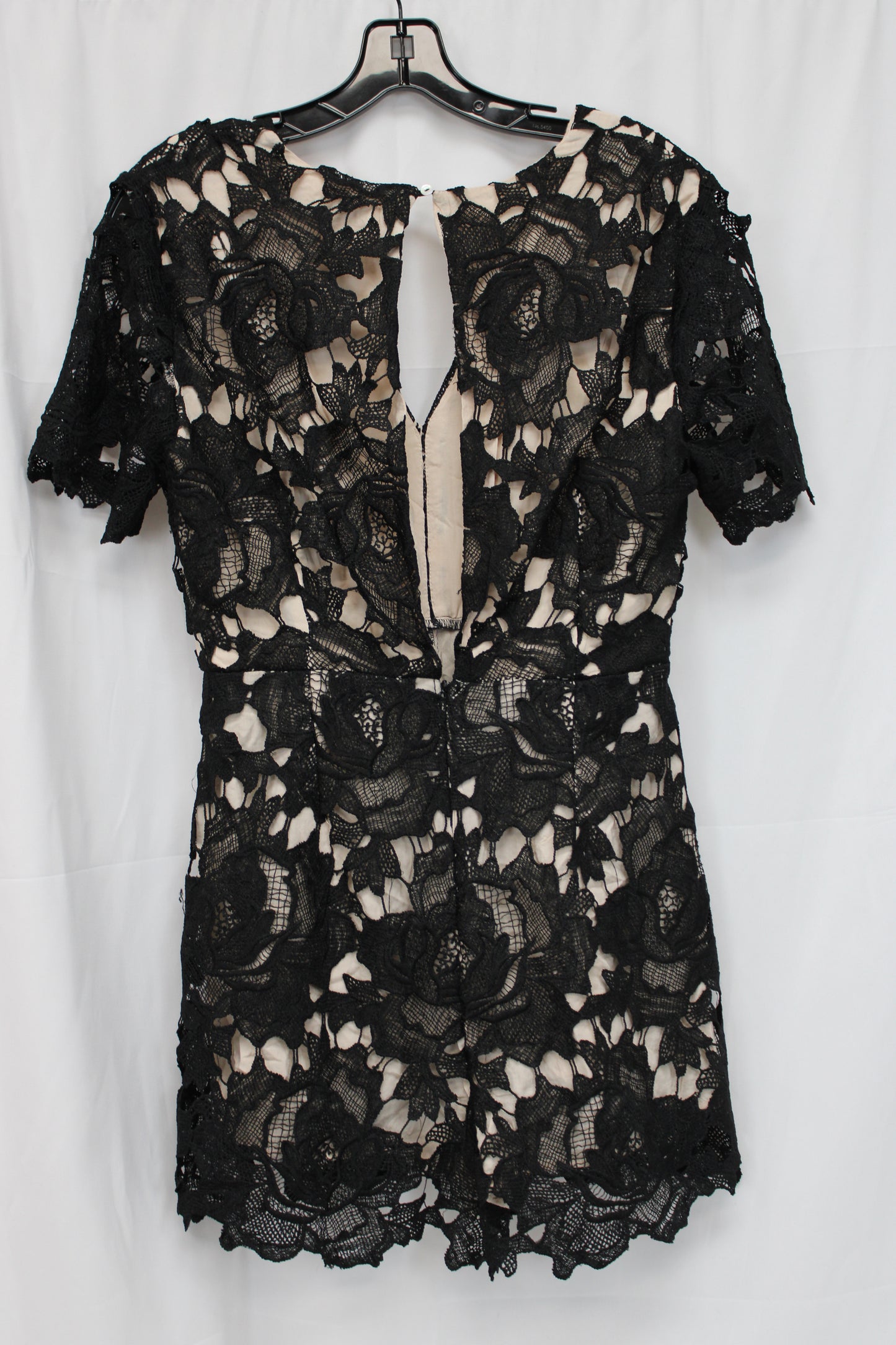 Lush Floral Lace Short Sleeve Romper, Black, Women’s L