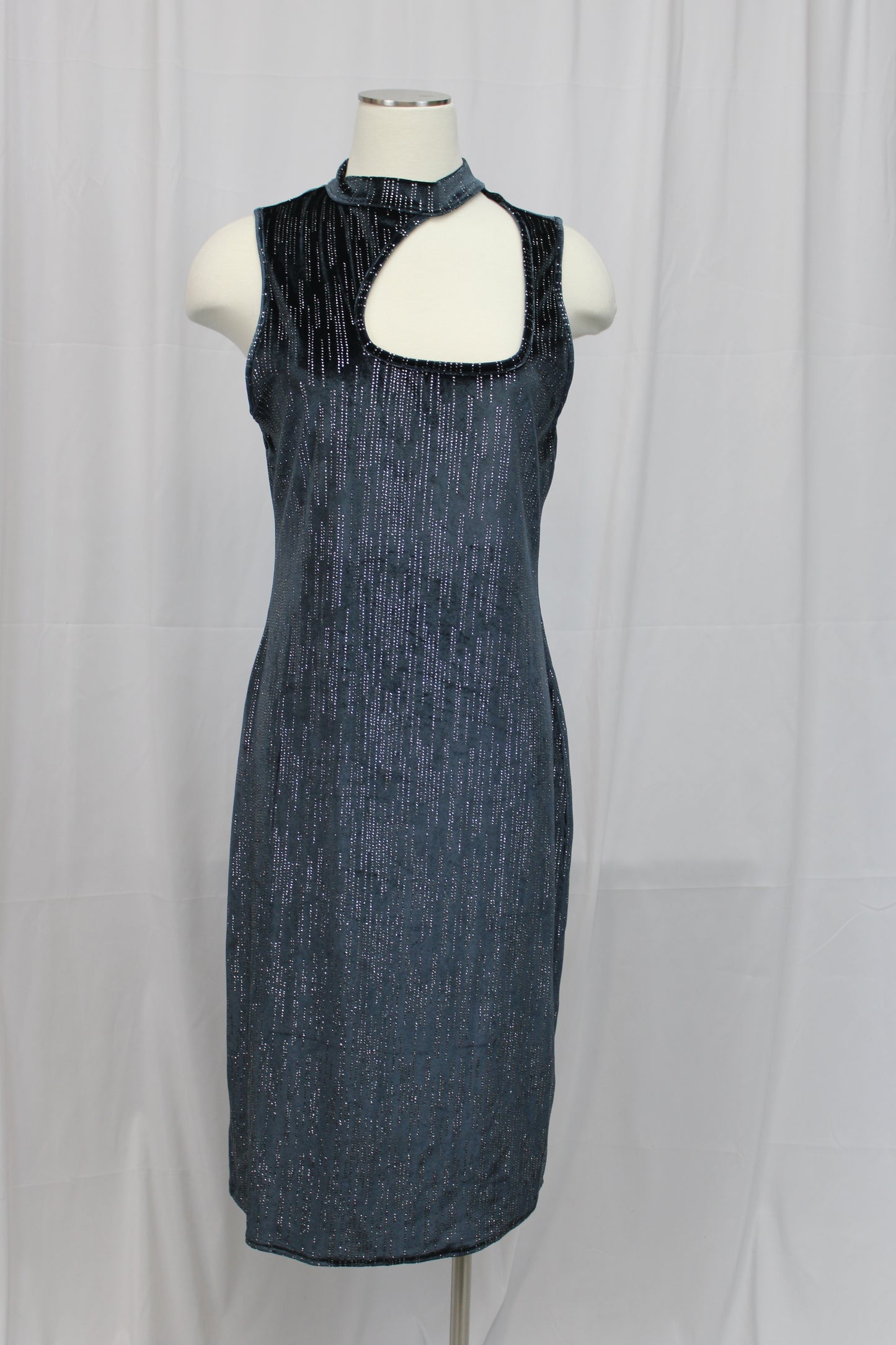 Derek Heart Asymmetrical Metallic Knit Sleeveless High Mock Neck Dress, Blue, Women’s XL