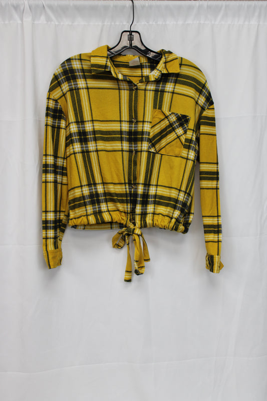 No Boundaries Long Sleeve Tie Flannel Top, Yellow/Black, Women’s M