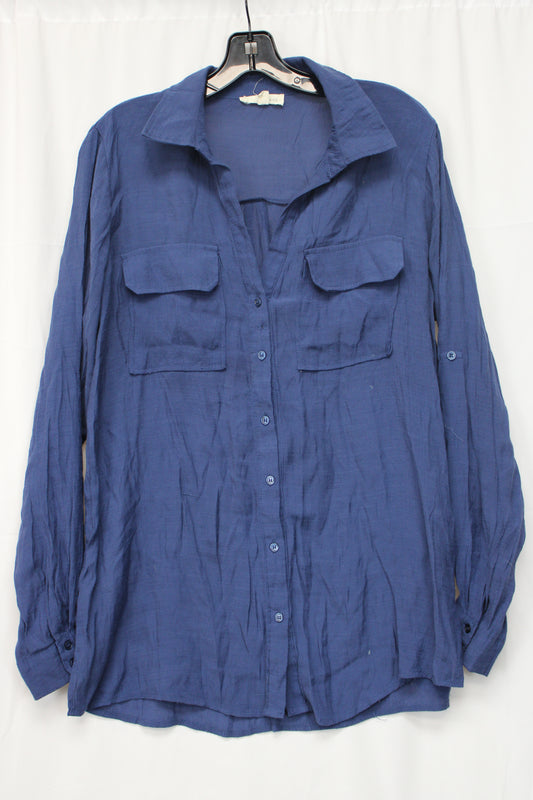 Sunburst Kiss Long Sleeve Button Up Blouse, Navy, Women’s XL