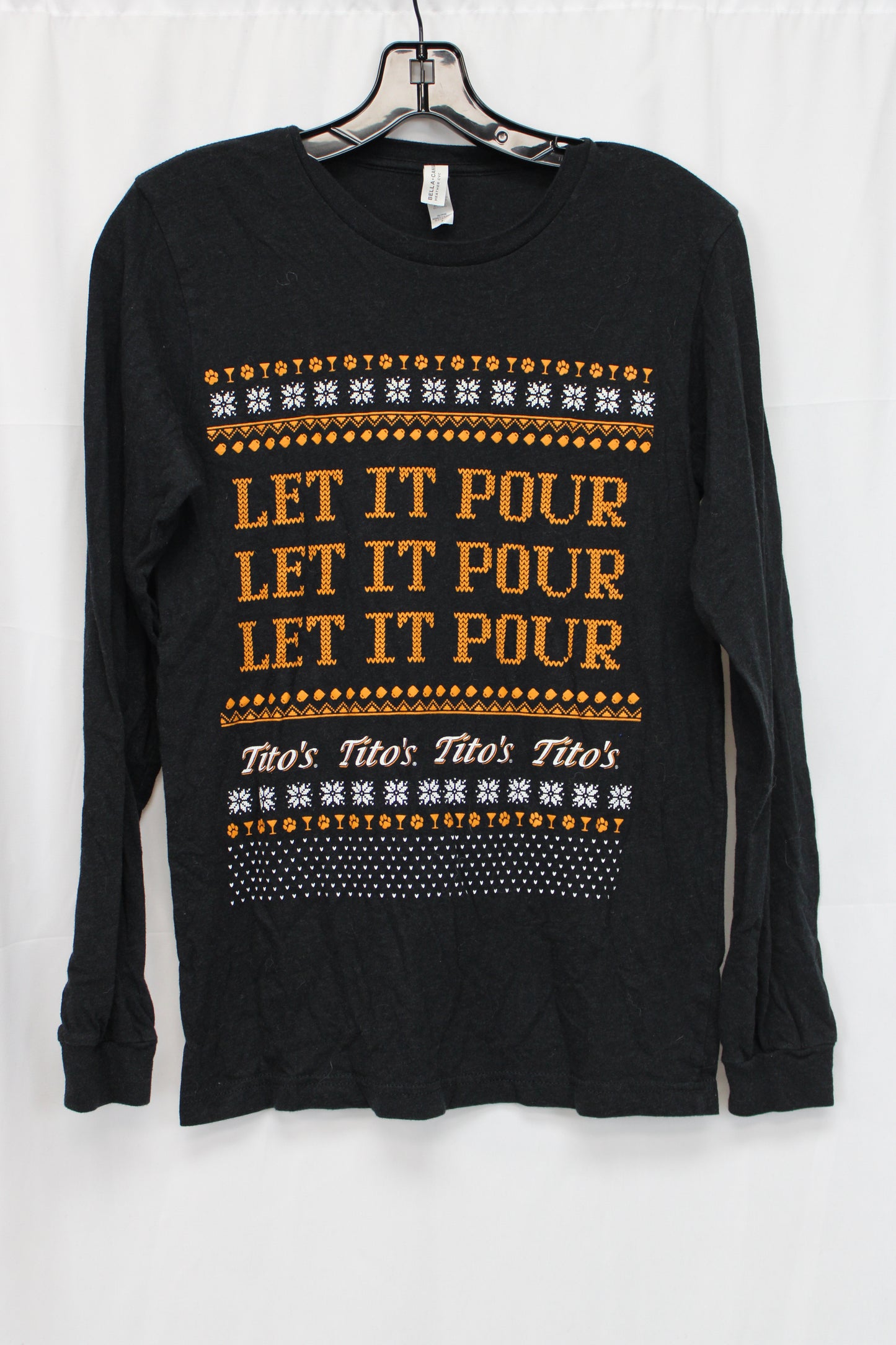 Bella & Canvas Tito’s Let it Pour Holiday Long Sleeve Shirt, Black, Men’s S