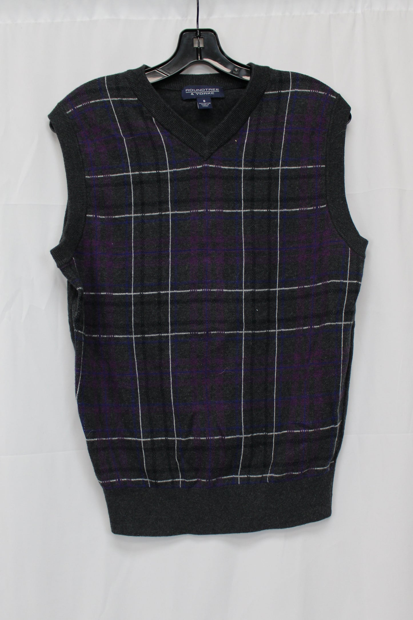 Round Tree & Yorke Plaid Sweater Vest, Purple/Gray, Men’s S