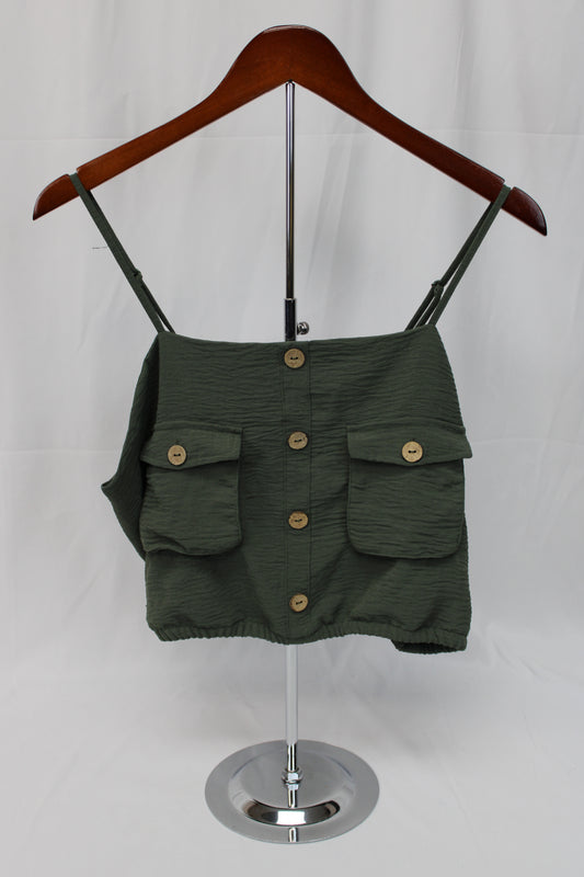 No Boundaries Buttoned Spaghetti Strap Top, Olive, Women’s XL