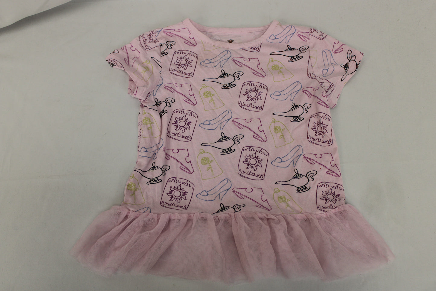 Disney Princess Patterned Tulle Lined Short Sleeve Shirt, Pink, Girls 6
