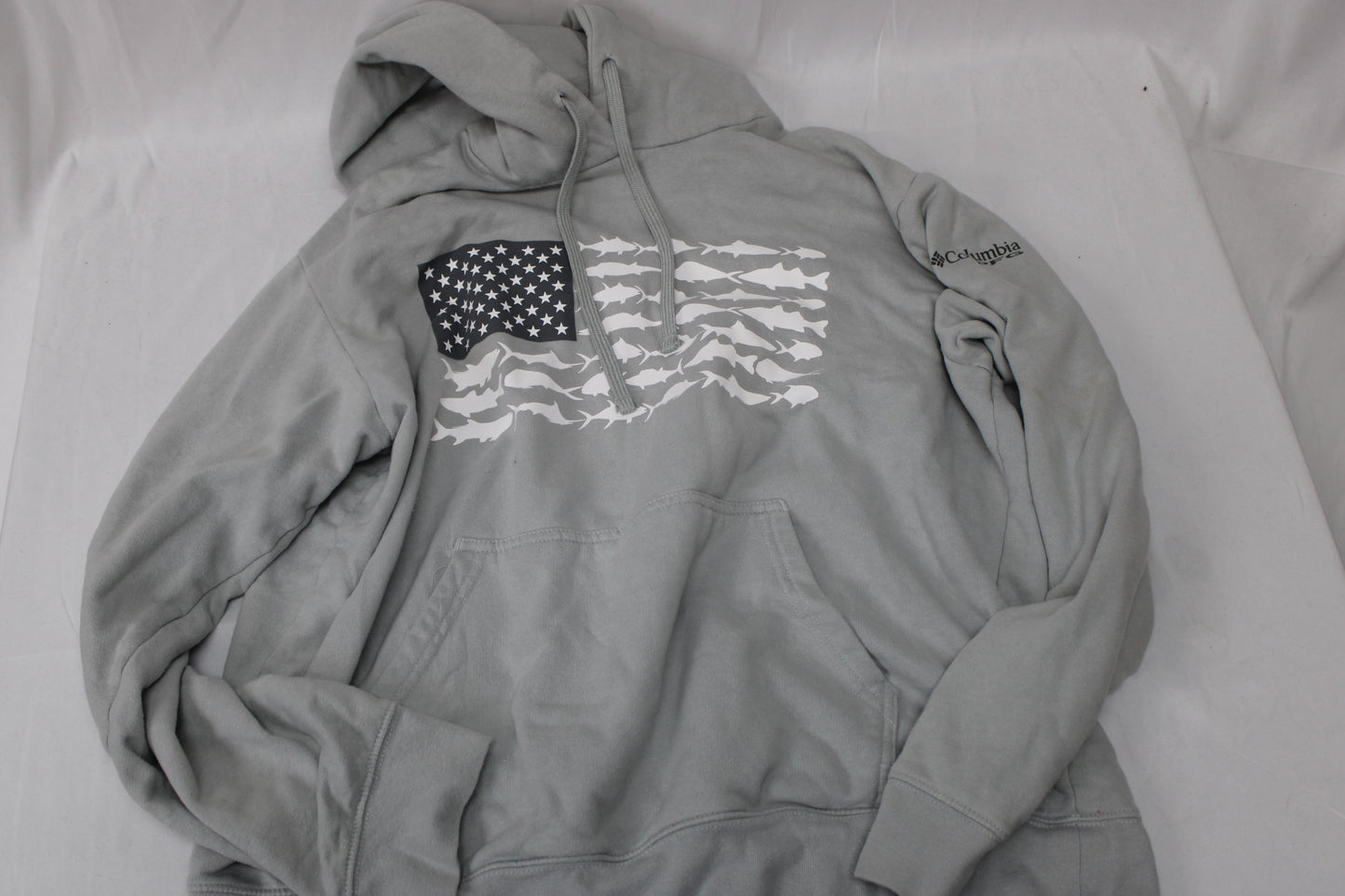 Columbia American Flag Fish Hoodie, Gray, Mens L
