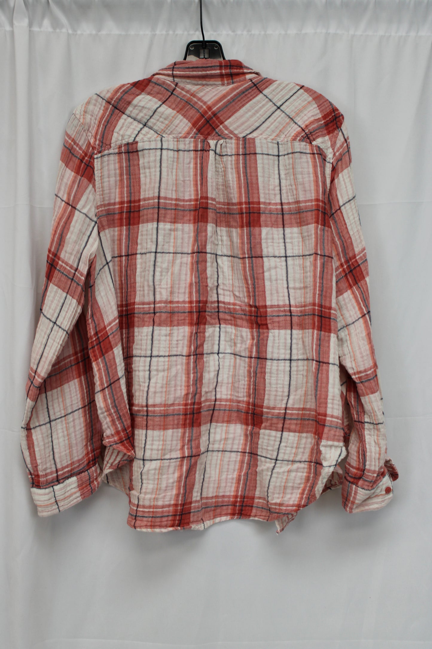 Time & Tru Plaid Long Sleeve Flannel, White/Red, Women’s L