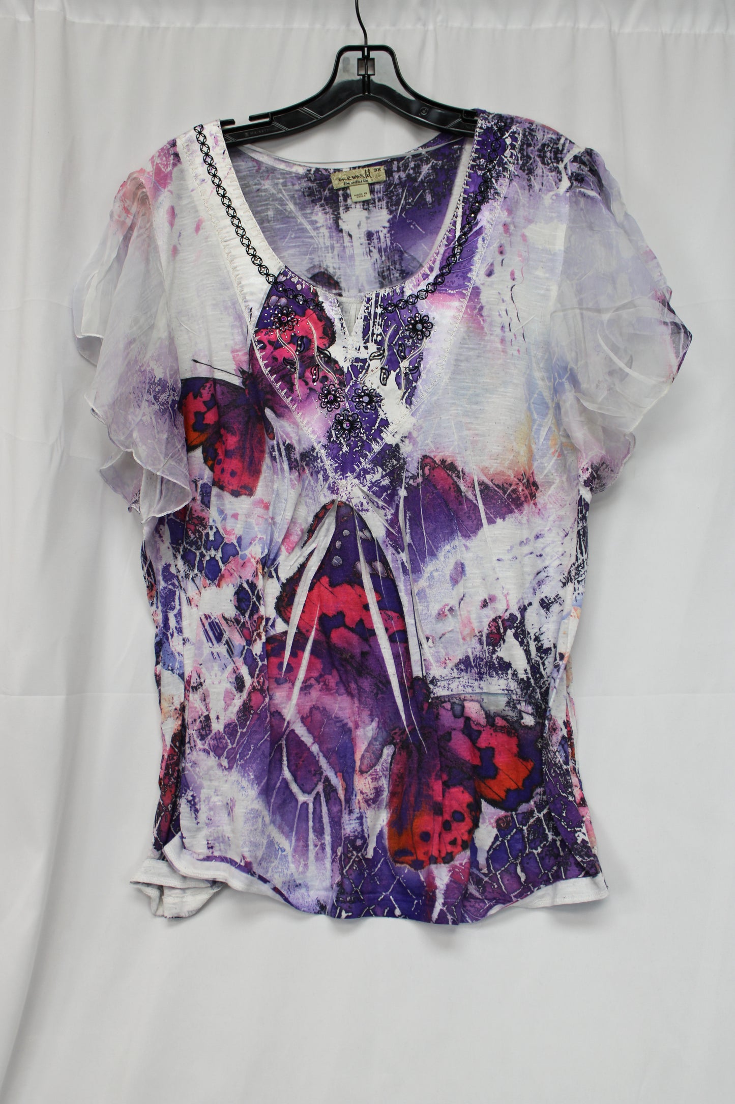 One World Short Sleeve Butterfly Shirt, White/Purple, Women’s XXXL