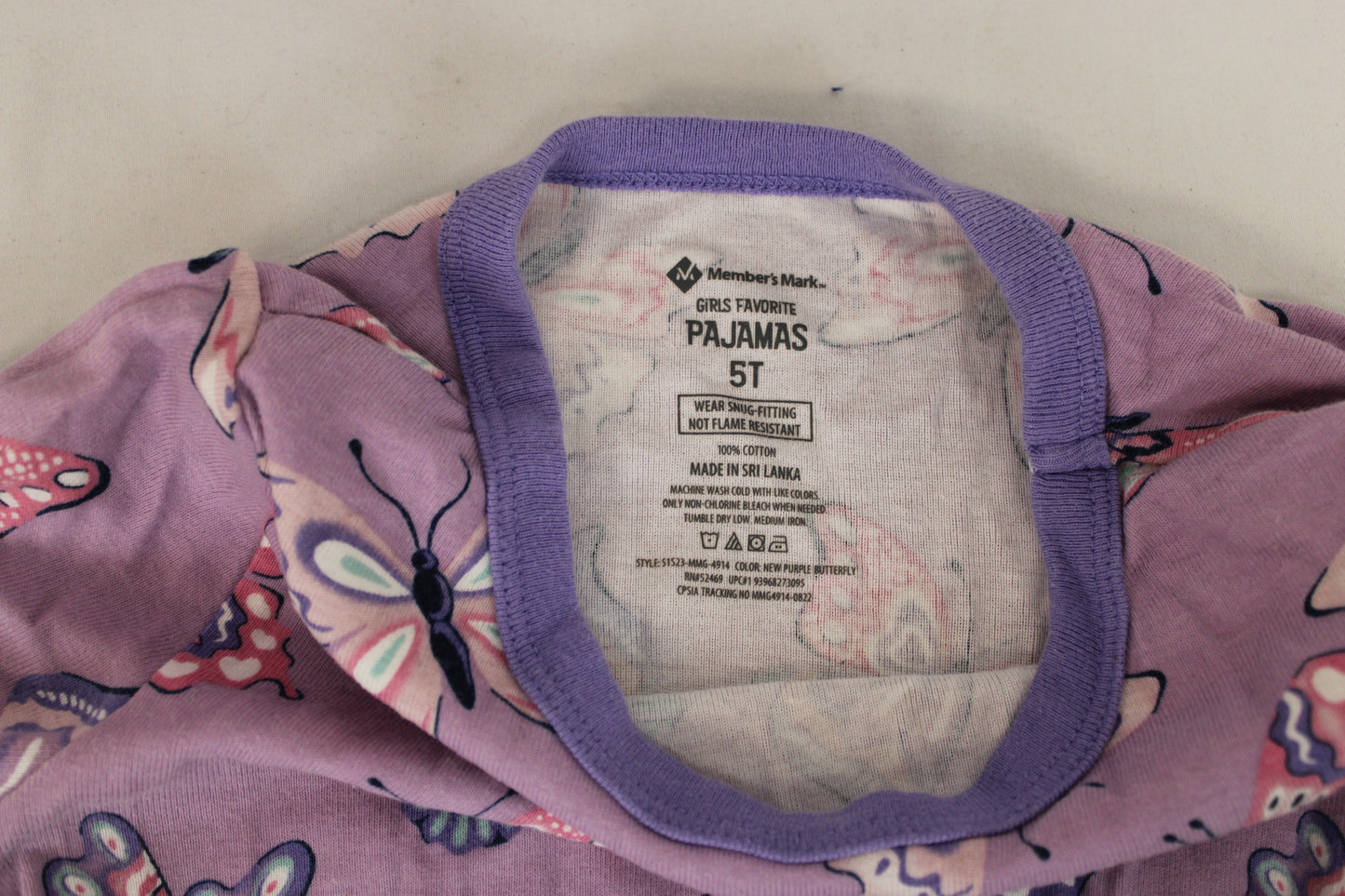Members Mark Butterfly Pajama Top, Purple, 5T