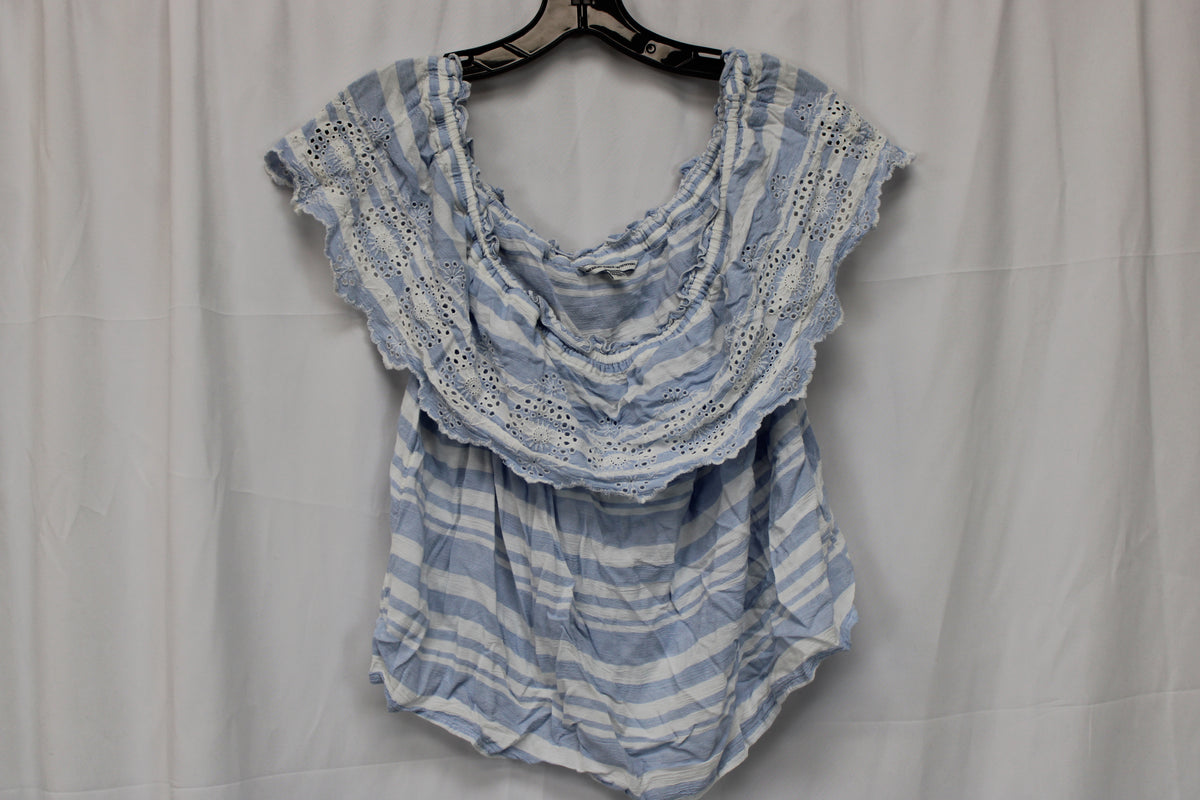 American Eagle Outfitters Stripped Off the Shoulder Top, Blue/White, Women’s M