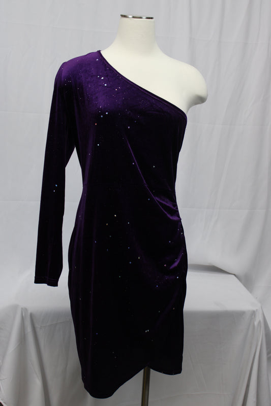 Women’s One Sleeve Sparkly Bodycon Dress, Purple, Women’s S
