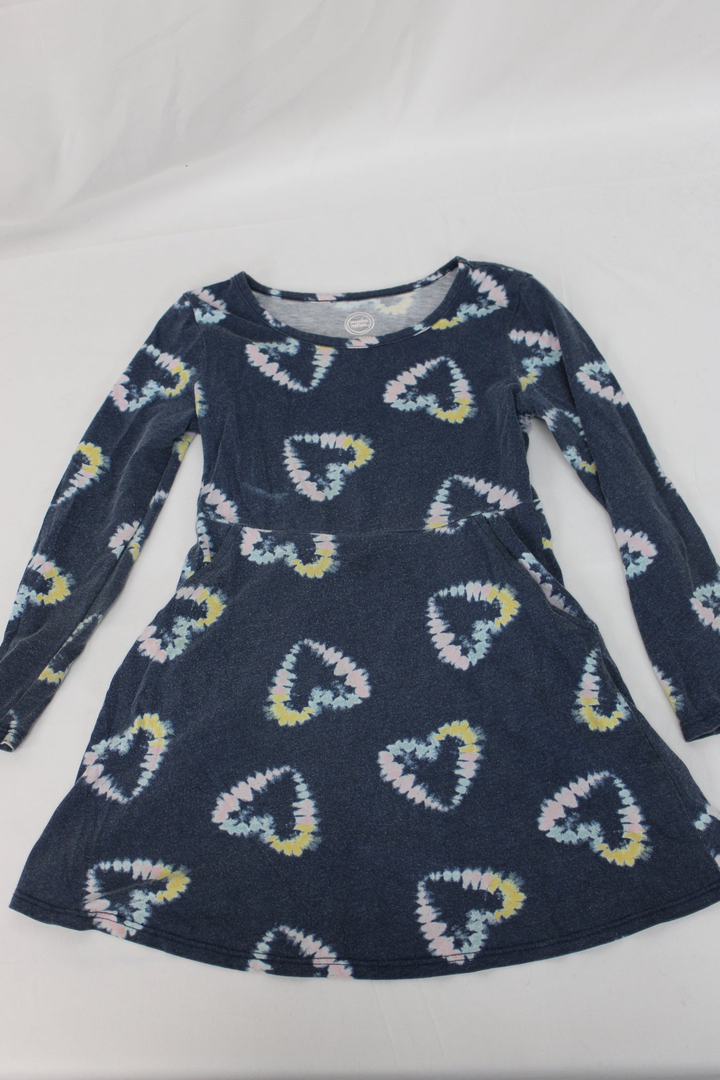 Wonder Nation Long SleeveHeart Tie Dye Dress, Blue, Girls XS