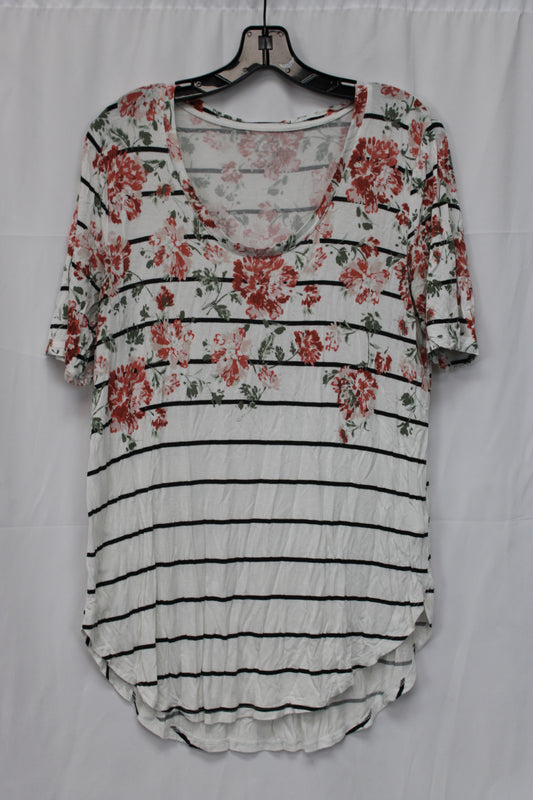 Maurices 24/7 Floral Striped Short Sleeve T-Shirt, White, Women’s L