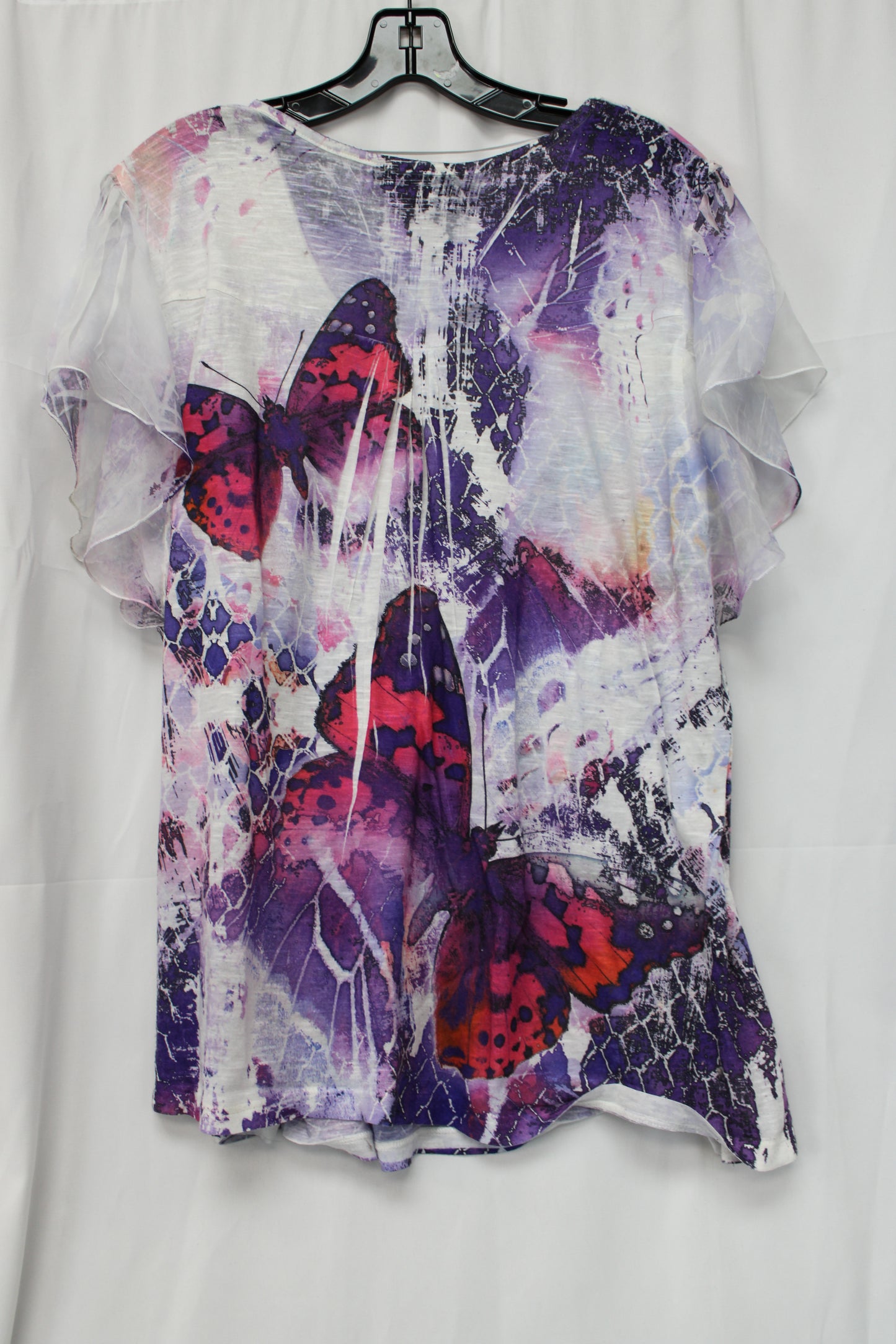 One World Short Sleeve Butterfly Shirt, White/Purple, Women’s XXXL
