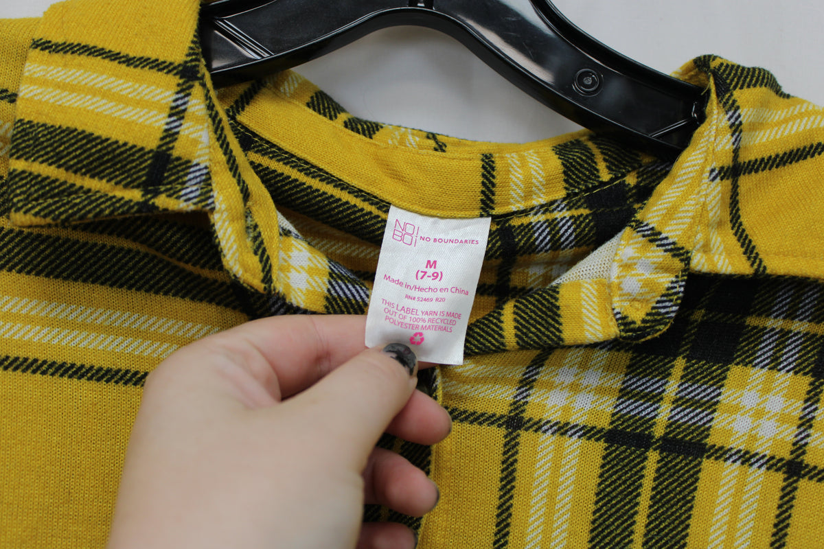 No Boundaries Long Sleeve Tie Flannel Top, Yellow/Black, Women’s M