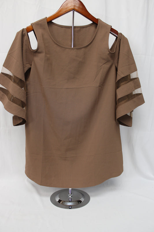 Women’s Off the Shoulder Mesh Sleeve Top, Brown, S