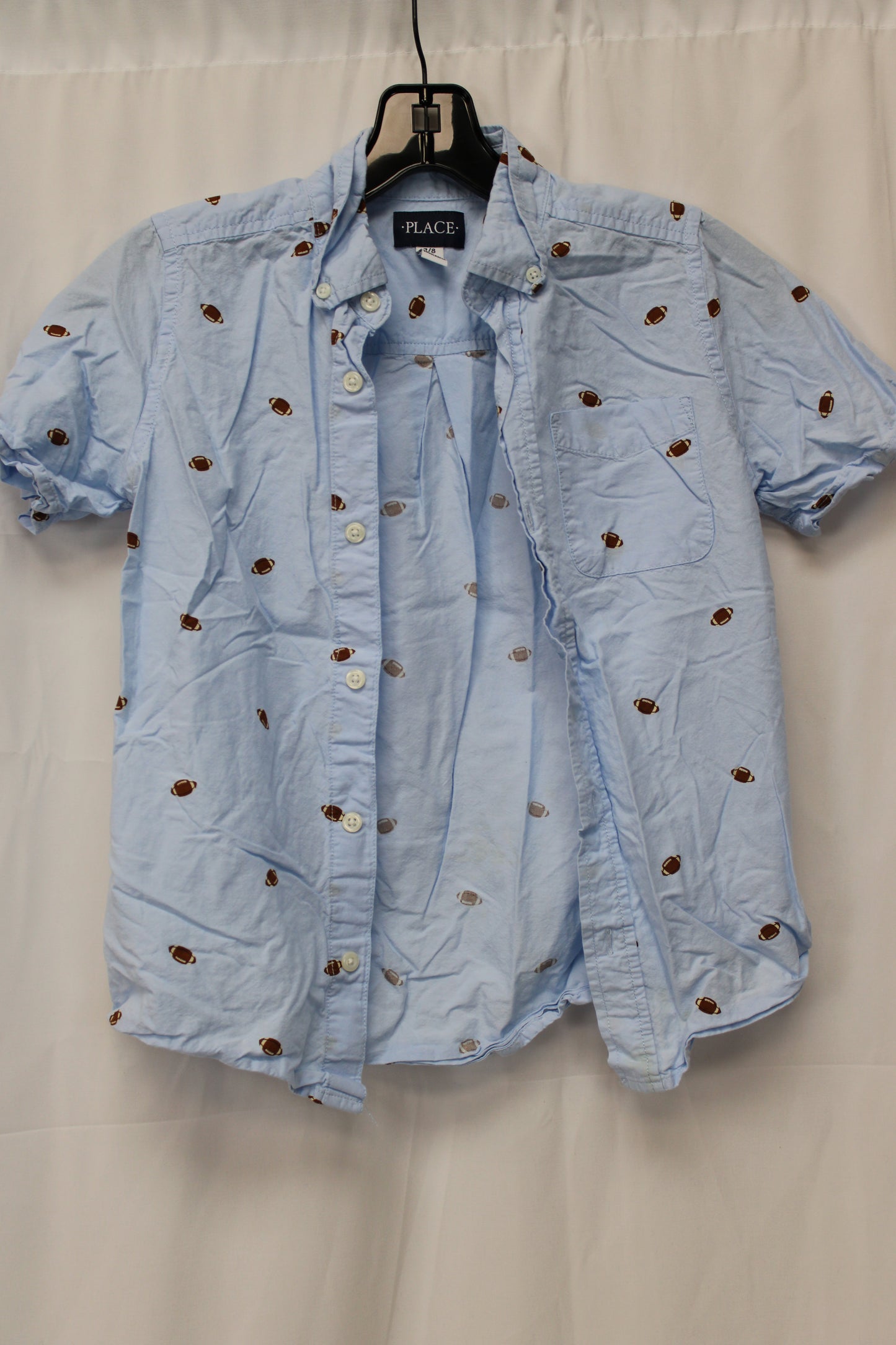 Place Football Print Short Sleeve Button Up, Blue, Youth M (7/8)