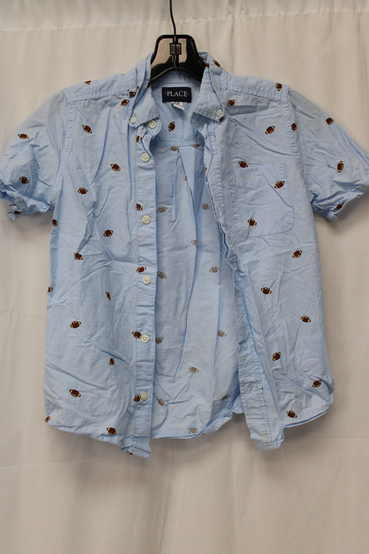 Place Football Print Short Sleeve Button Up, Blue, Youth M (7/8)