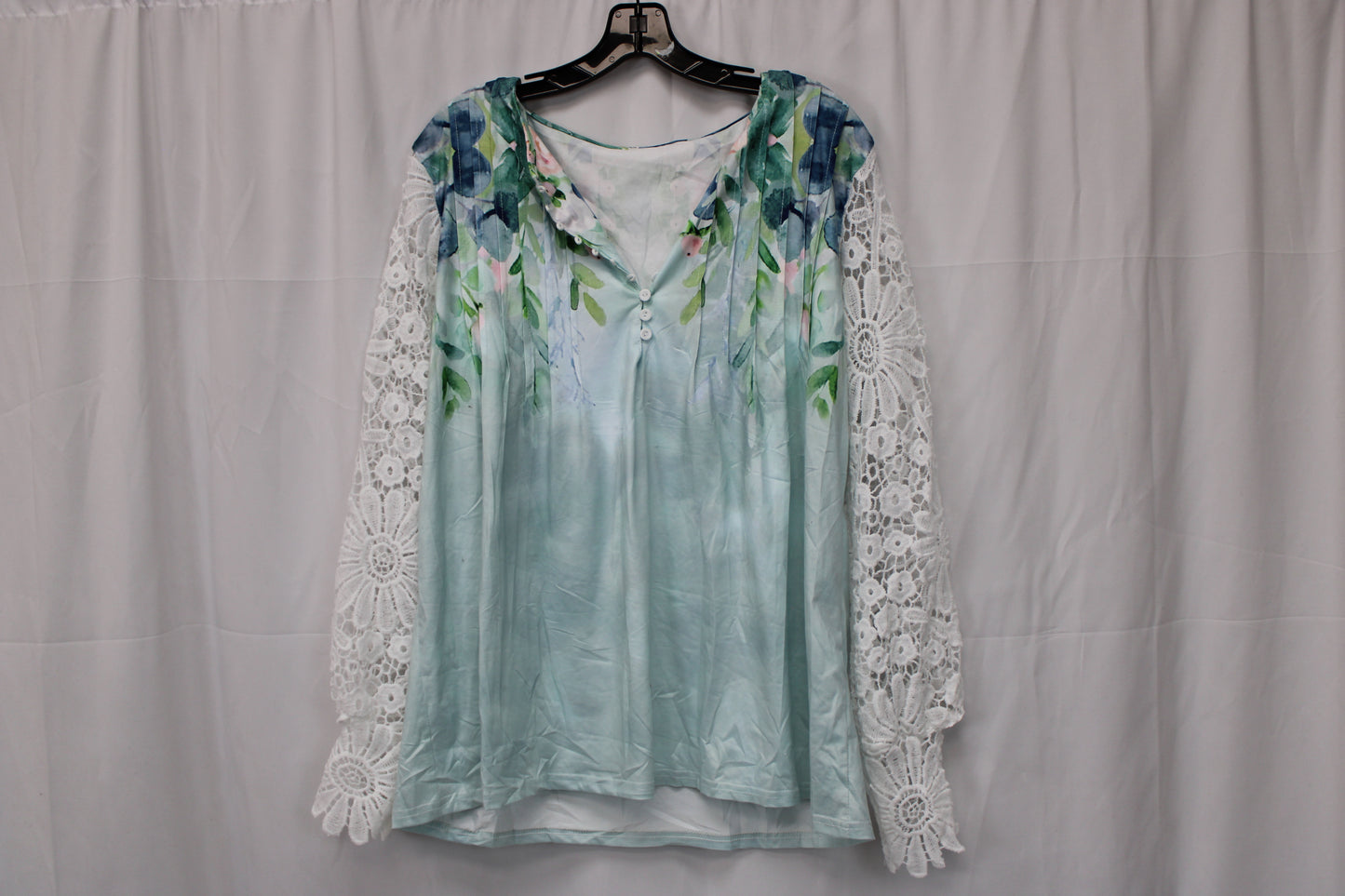 Women’s Lace Long Sleeve Floral Shirt, Blue/White, Women’s XXXXL