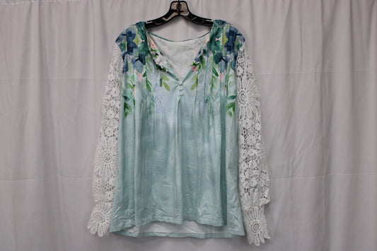 Women’s Lace Long Sleeve Floral Shirt, Blue/White, Women’s XXXXL