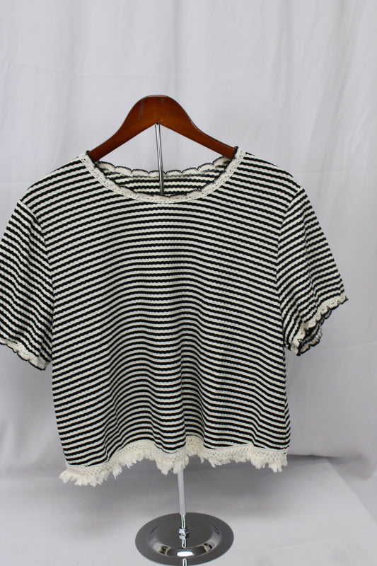 SHIEN Short Sleeve Striped Cropped Top, Black/White, Women’s XL