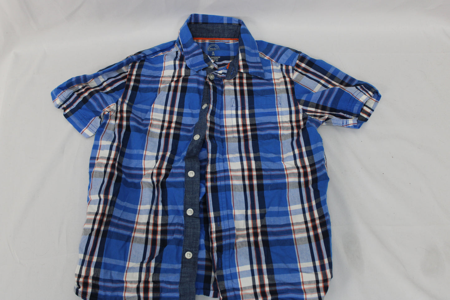 Wonder Nation Short Sleeve Plaid Button Up, Blue, Youth M (8)