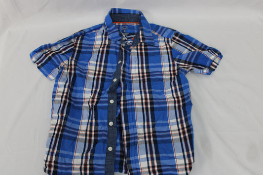 Wonder Nation Short Sleeve Plaid Button Up, Blue, Youth M (8)