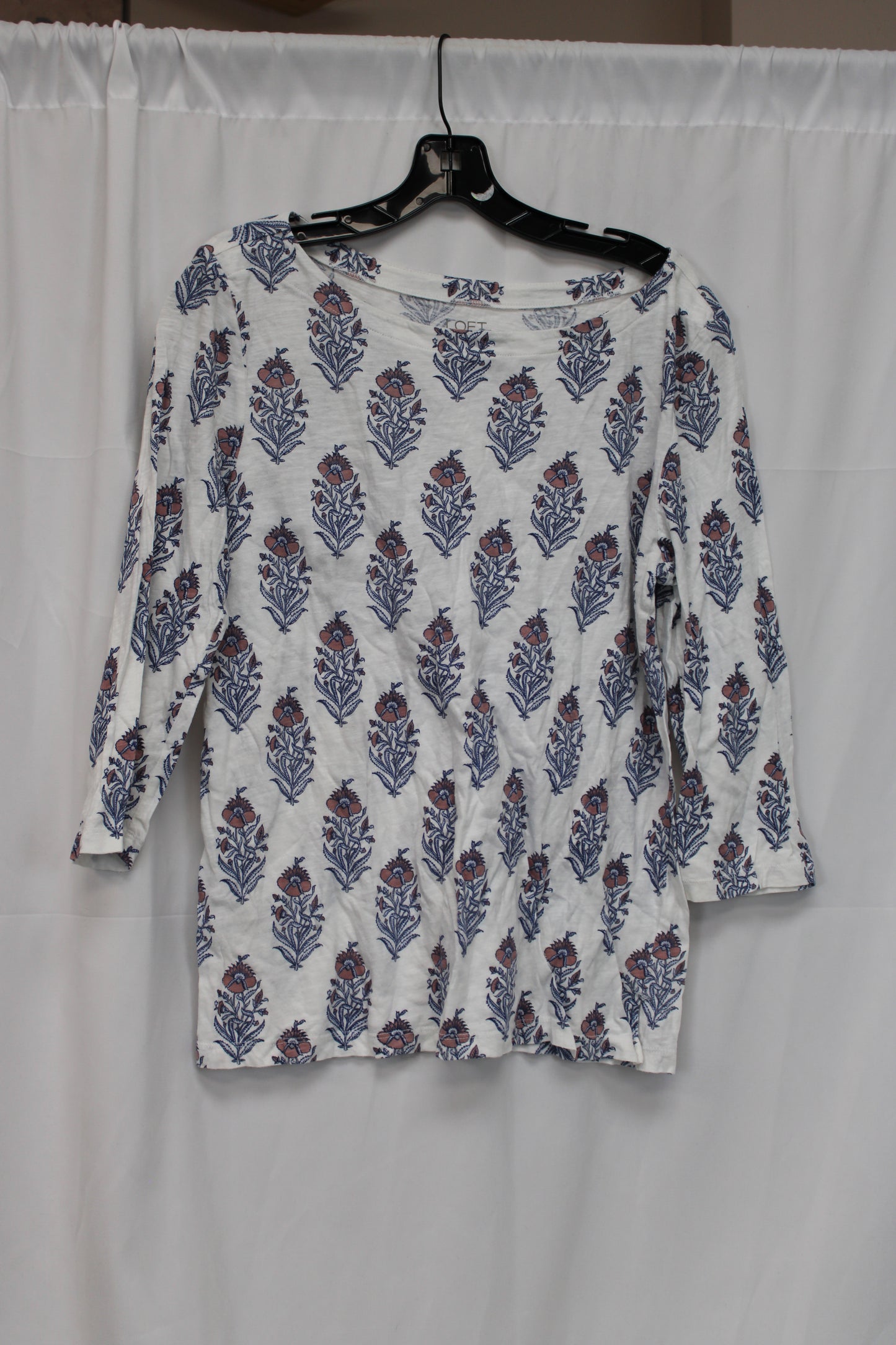 LOFT Floral Quarter Length Sleeve Shirt, White/Blue, Women’s L