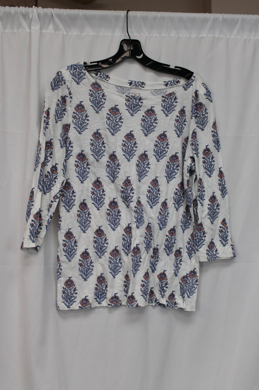 LOFT Floral Quarter Length Sleeve Shirt, White/Blue, Women’s L