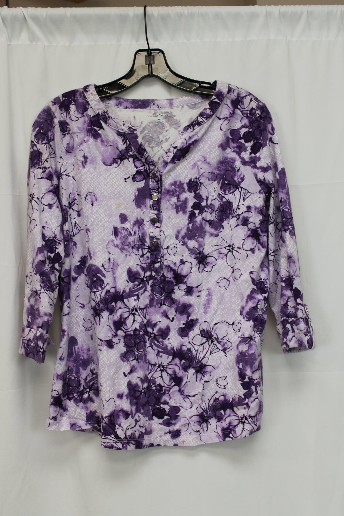 Studio Works Floral Print Quarter Length Sleeve Top, Purple, Women’s M